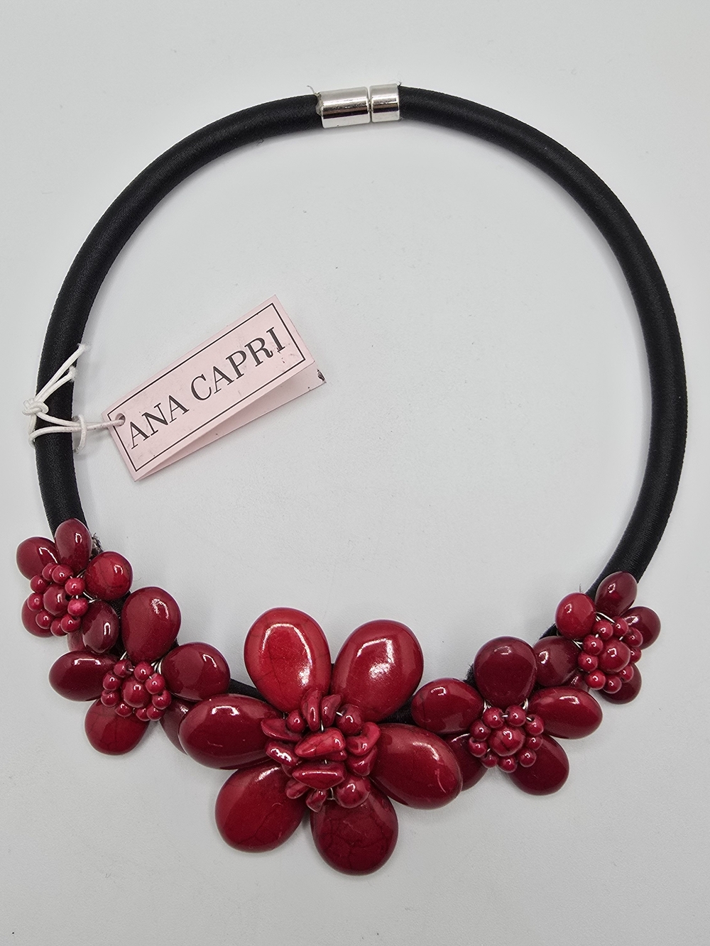 Ana Capri Necklace Dyed Red Freshwater Pearl Natural Stone Floral Collar 17"